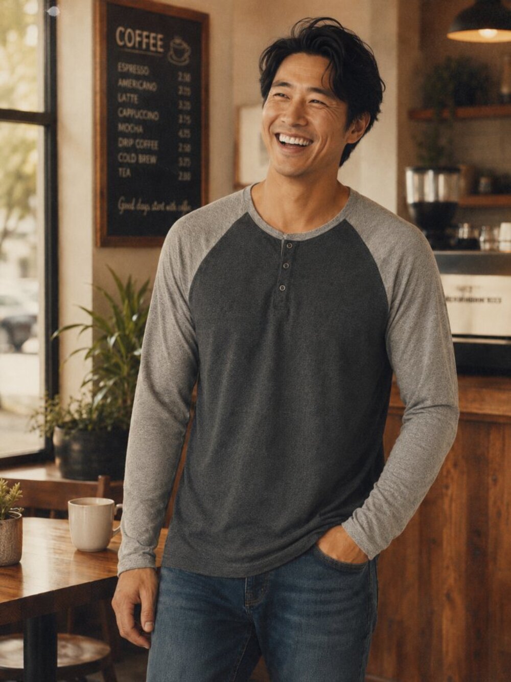 Lucky Brand Raglan Henley Tee Mens S Two Toned Gray Long Sleeve Casual Soft